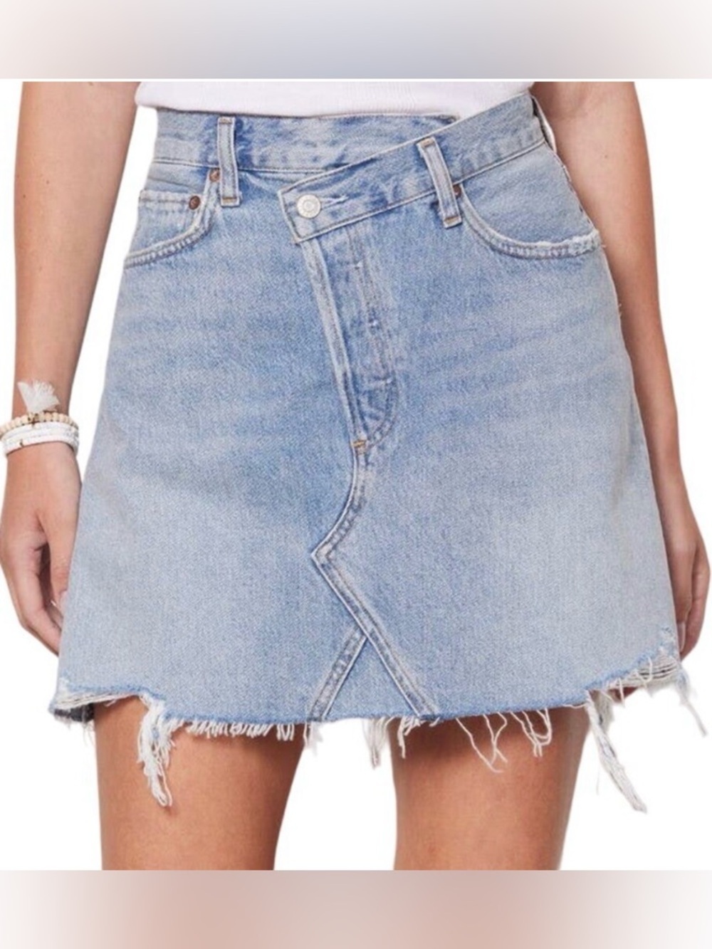 Agolde Criss Cross Denim Mini Skirt Size 29 Frayed Hem Organic Cotton Button Fly